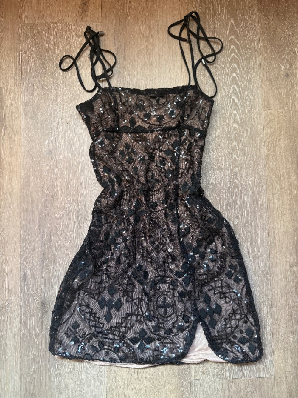 Free People Black Sequin Embroidered Illusion Mini Dress